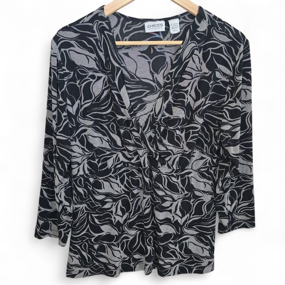 Chicos Travelers Top Womens 2 US Large Black Slinky Surplice Neck Blouse Ladies